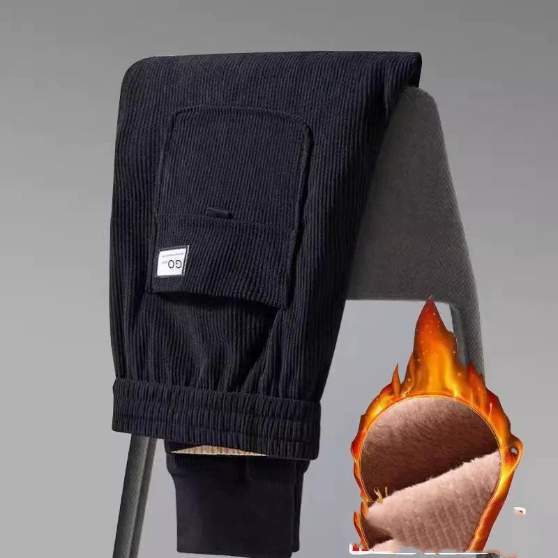 Fashion Elastic Waist Men's Velvet Thickened Fleece Corduroy Pants Male Versatile Autumn and Winter Harlan Taped Casual Pants