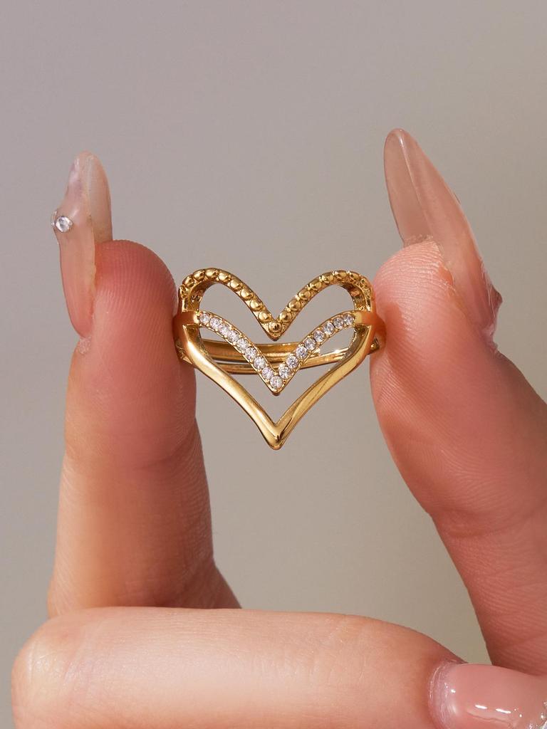 Unisex European-American Style Stainless Steel Zircon Heart Adjustable Pinky Ring