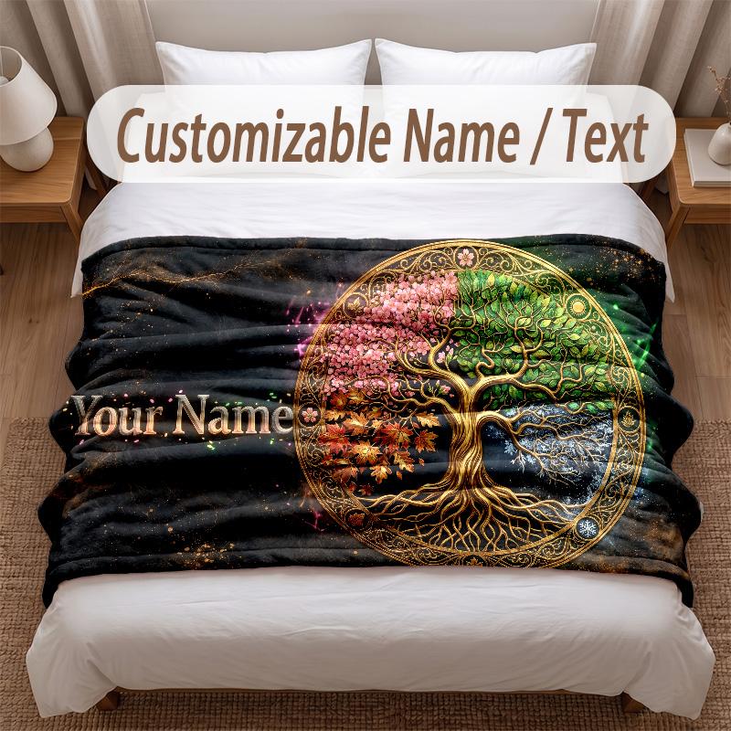 Tree of Life Theme Soft Blanket Personalized Custom Name Text Print Warm Blanket Home Sofa Bedroom Decor