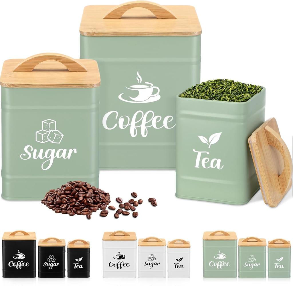 3 Set Airtight Coffee Sugar Tea Containers with Bamboo Lids, Rustic Metal Jars for Kitchen Storage (Turquoise)