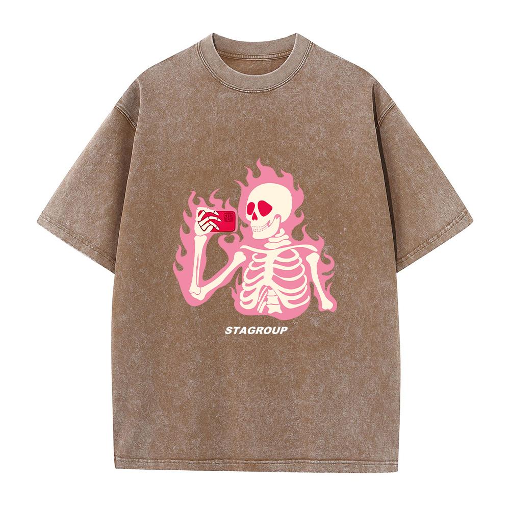 Summer Pink Skull Print Casual Washed T-Shirt Retro Distressed Street Style Hip Hop Trend Crew Neck Short Sleeve Unisex S