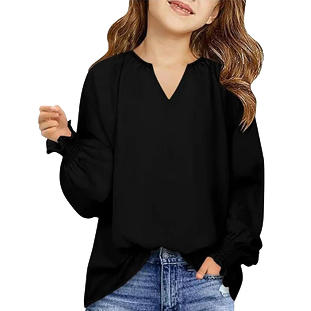 Girls' Long Sleeve Tee - Solid Color Loose Fit Casual Top