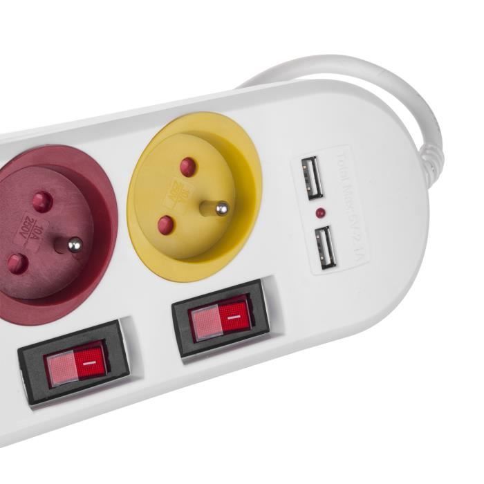 Rallonge électrique - maclean - mce229 - 4 prises + 2xusb - interrupteurs individuels - 1,5m blanc