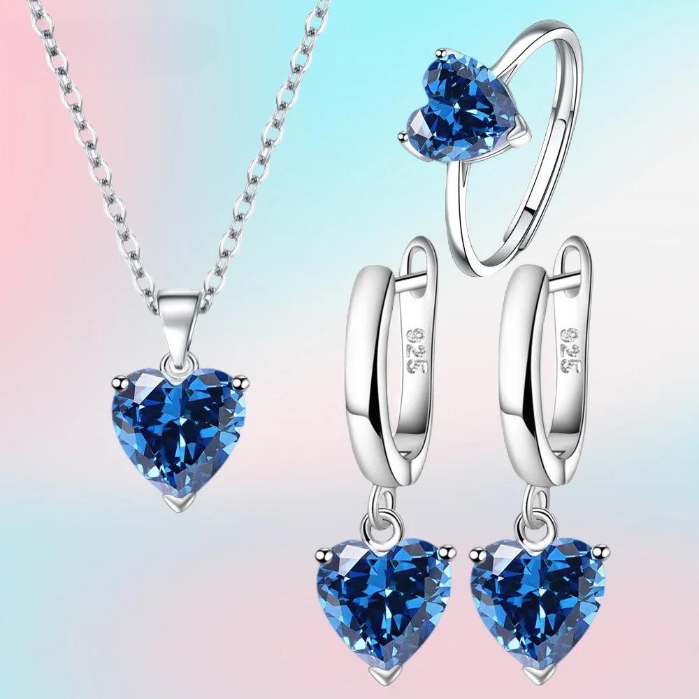 Fine   Copper Jewelry Gift Sets for Women Female Romantic Heart Zircon Huggie Earrings Pendant Necklace Ring