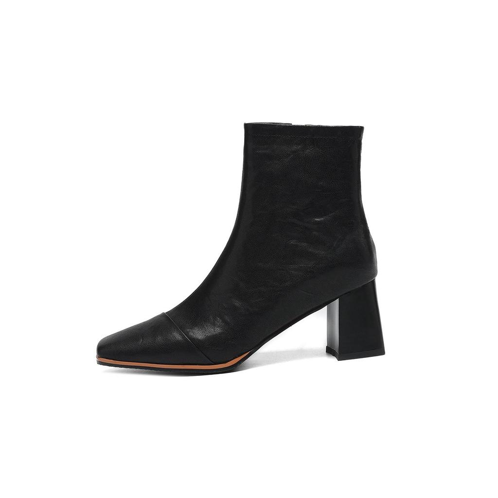 Krazing Pot Sheepskin Autumn Winter Shoes Thick High Heels Big Size 43 Modern Boots Square Toe Keep Warm Zip Pleated Design Ankle Boots