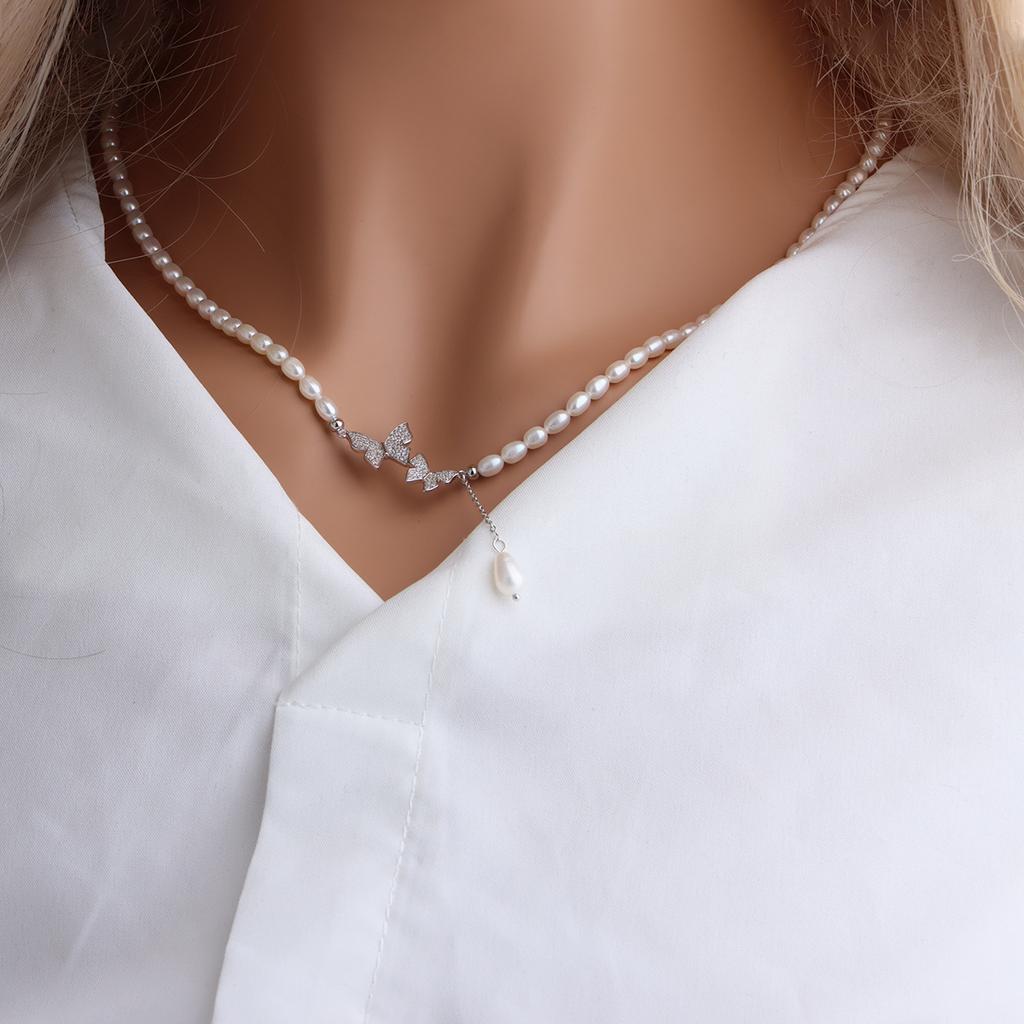 Pearl Necklace Versatile In Style Natural Freshwater Rice Pearl Butterfly Fringed Clavicle Chain Premium Sense