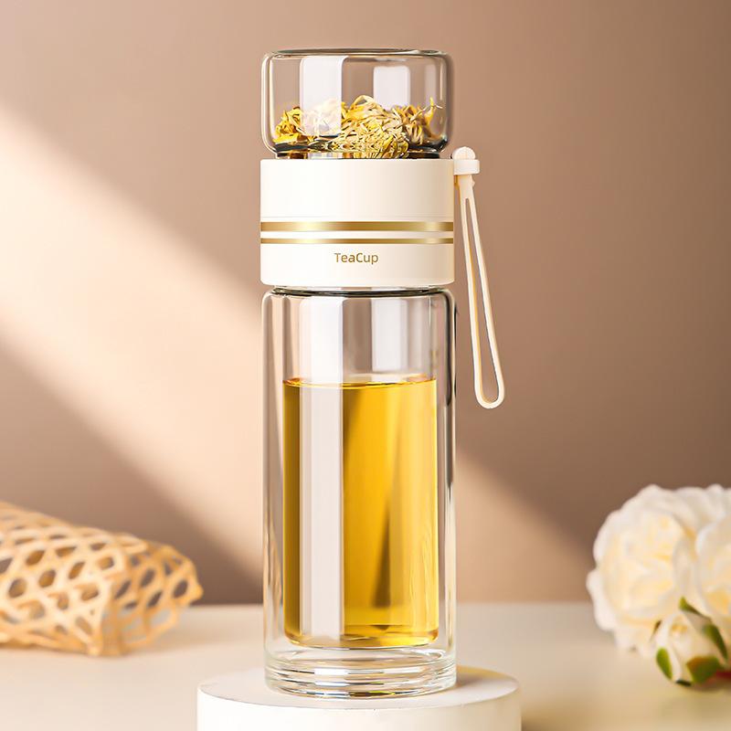 High Value Glass Tea Cup Leak-proof and High-temperature Resistant Double Layer Water Cup with Portable Carrying Rope 16 Ounces