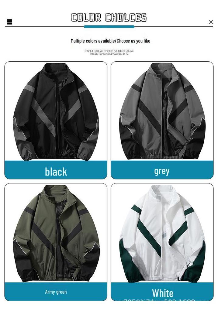 Men's Spring & Autumn Color-Block Sports Jacket with Reflective Strips - Casual Stand-Up Collar.