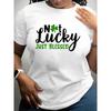 Women Plus Size St Patrick's Day T-Shirt Green Not Just Blessed Shamrock Crew Neck Short Sleeve Irish Heritage Casual Festive Top