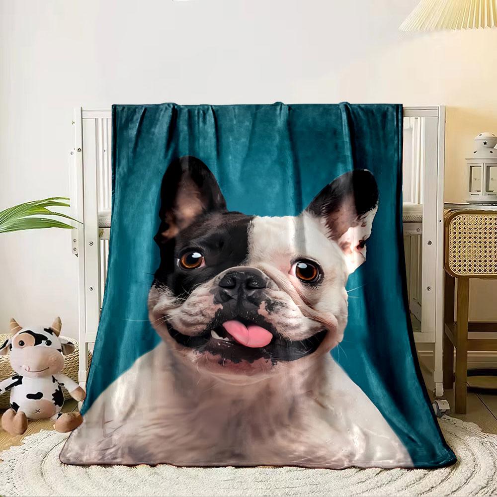 A French bulldog face with distinct black and white fur patterns. for all seasons blanket lunch break throw gift 80cm x 120cm