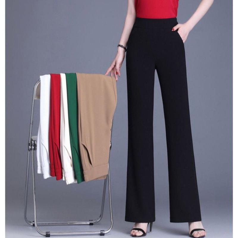 Simplicity Office Lady Summer Pants Women Solid Color Elastic Waist Pockets High Waist Fashion Slim Straight Casual Flare Pants