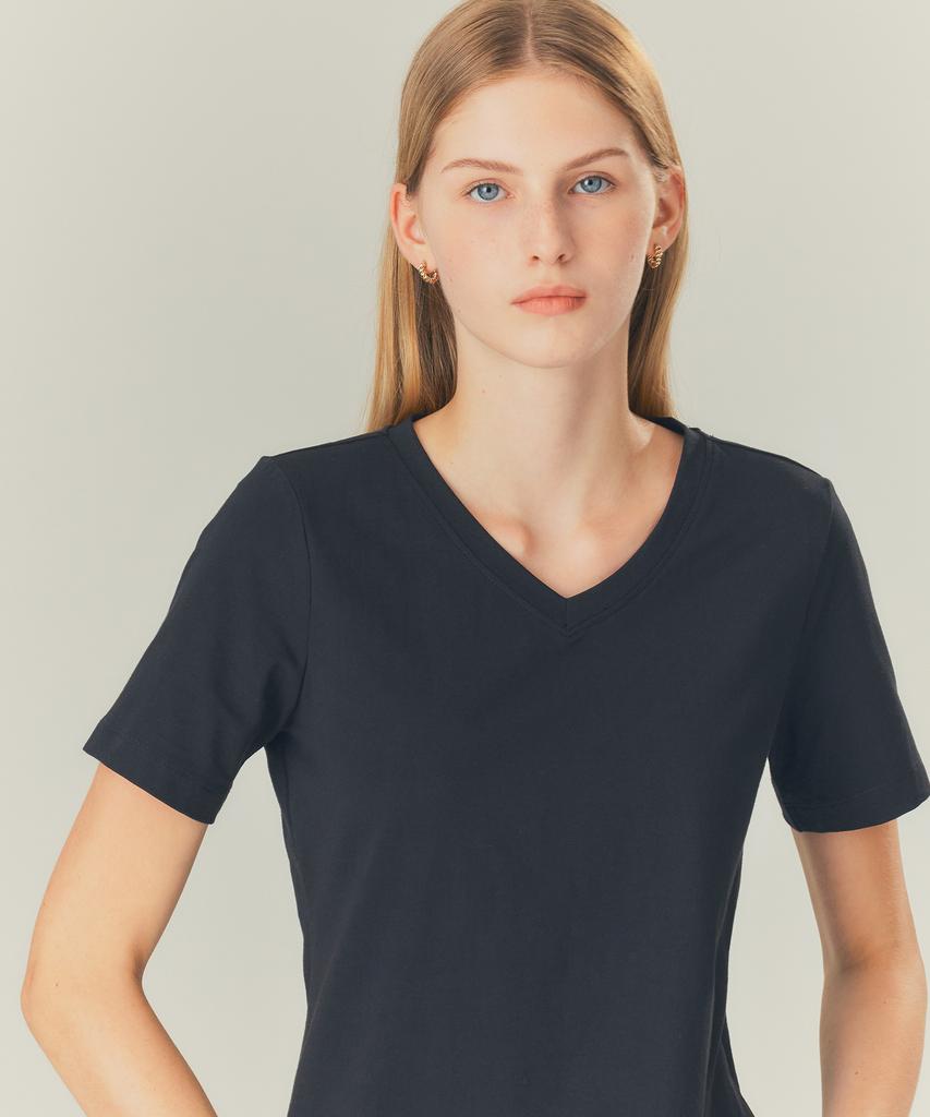 BASIC HOUSE Women'S V-Neck Stretch Slim Fit Short Sleeve T-Shirt Black Lats0204 (A Type)