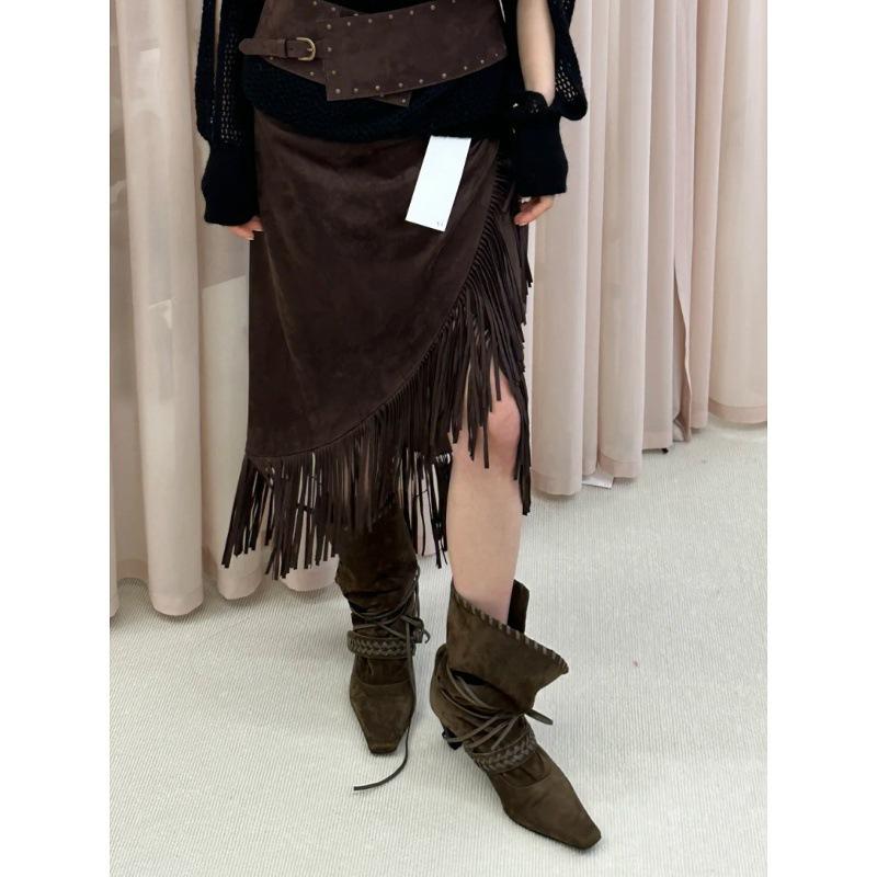 Sheepskin version retro western cowboy boots women's pointed suede thick heel short boots fringed high heel boots strap stacked boots