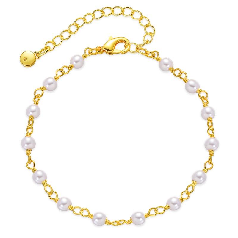 Gold Plated Dainty Spaced Tiny Pearl Bead Anklet With Adjustable Extension Chain