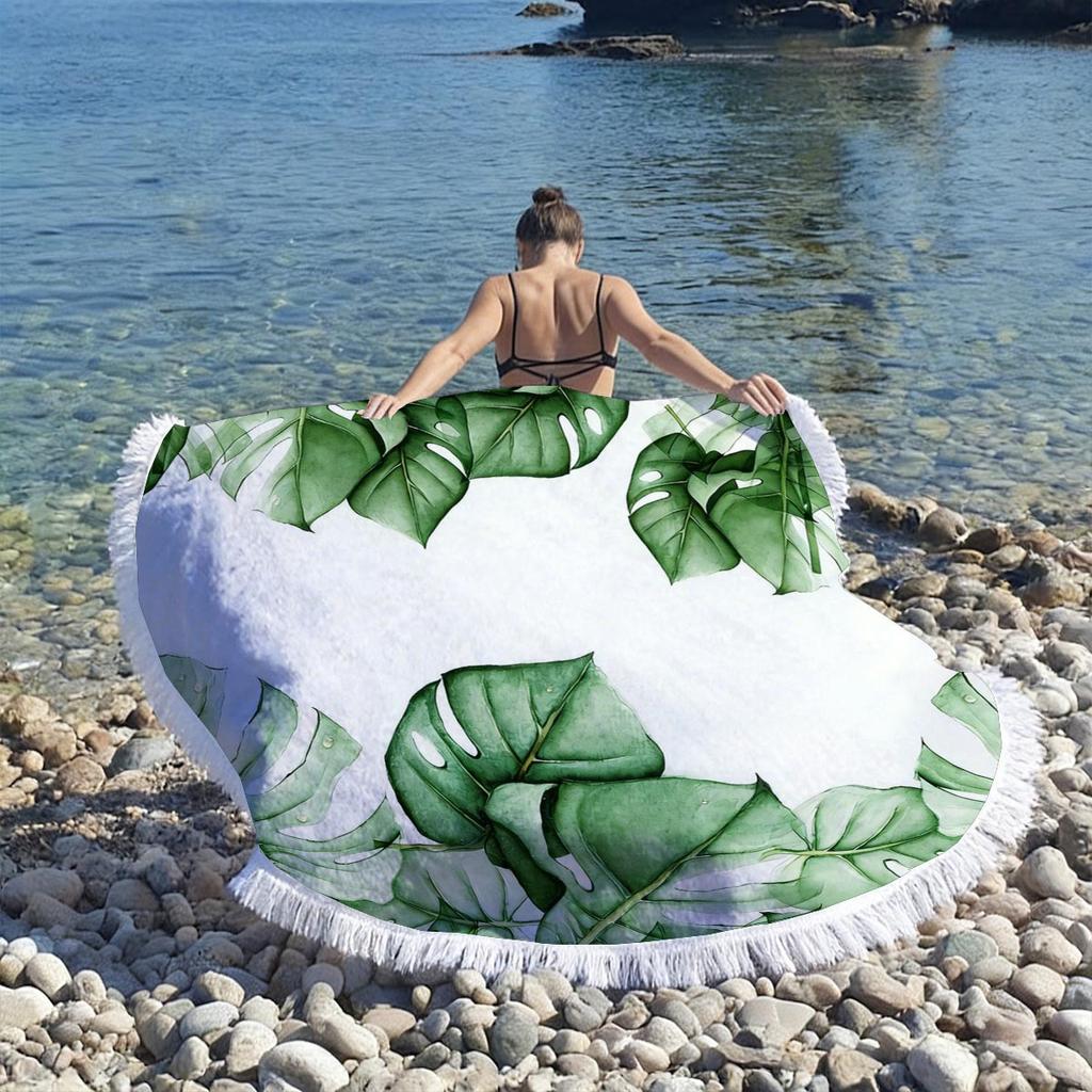 Tropical Plant Print Round Beach Towel Super Absorbent Quick Dry Microfiber Outdoor Picnic Mat Sunbathing Blanket For Travel