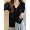 Thin Ice Silk Zipper V-neck Shoulder T-Shirt Short Sleeve