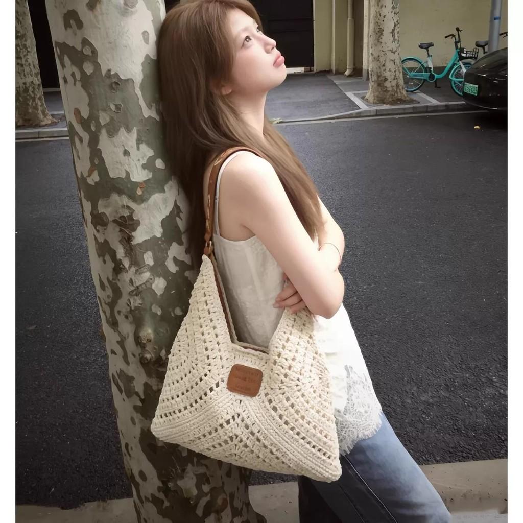 Cotton Rope Woven Bucket Bag With Drawstring Closure For Casual Travel And Day Use