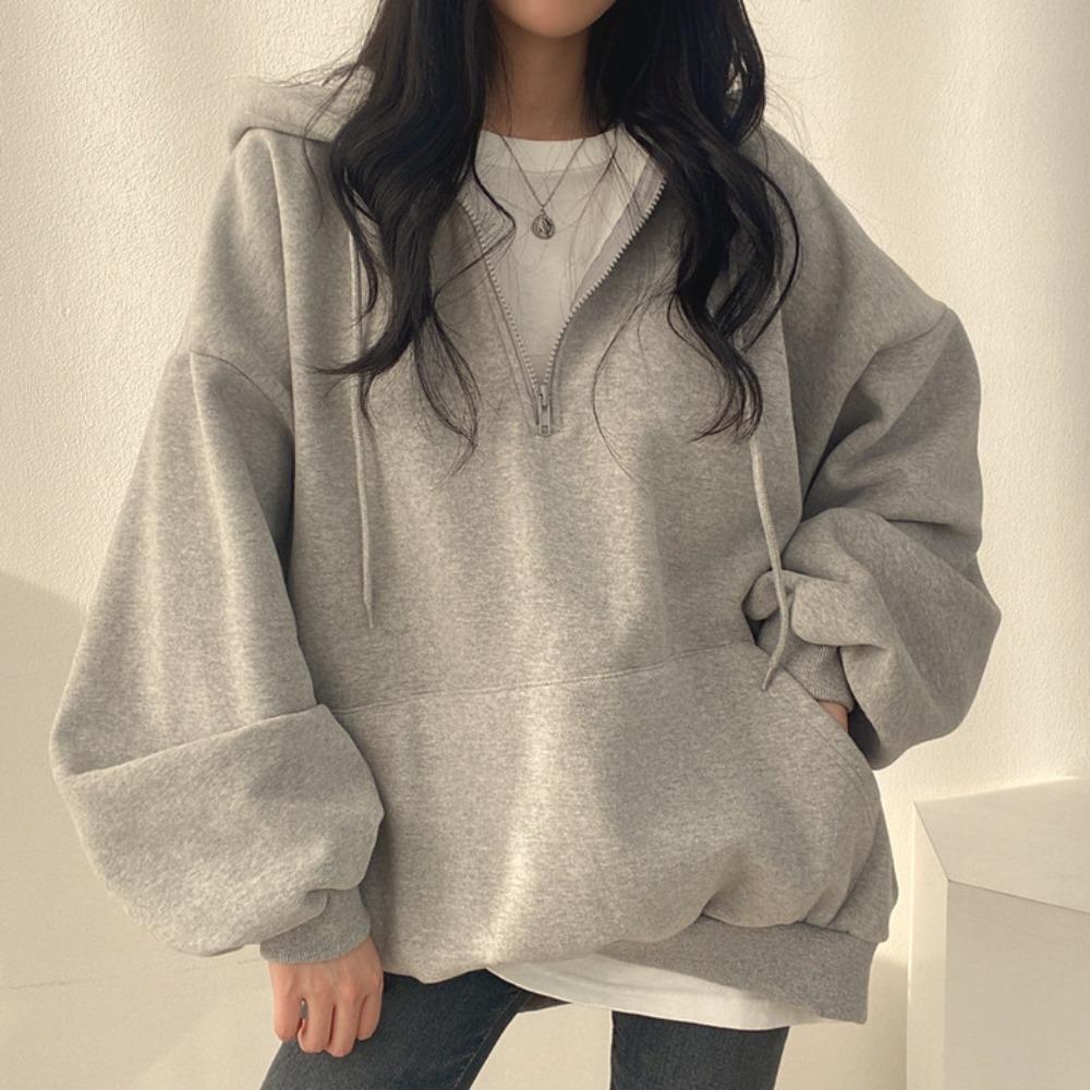 Sudadera con capucha para mujer, media cremallera, manga larga extragrande, bolsillo, informal, holgada, con capucha, para primavera, otoño, invierno