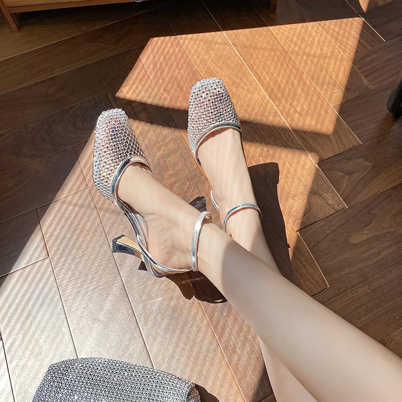 

Rhinestone mesh bag head sandals women s fashion new sexy high heels with skirt 40
