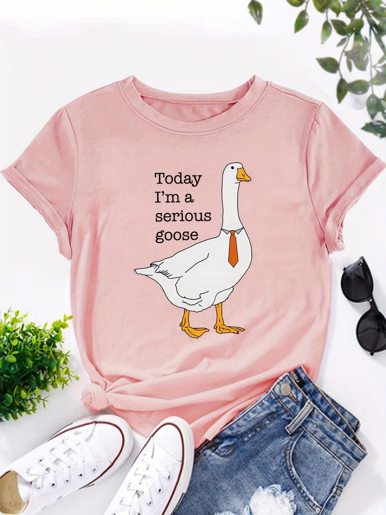Goose & Letter Print T-Shirt, Casual Crew Neck Short Sleeve Top For Spring & Summer, Women's Clothing