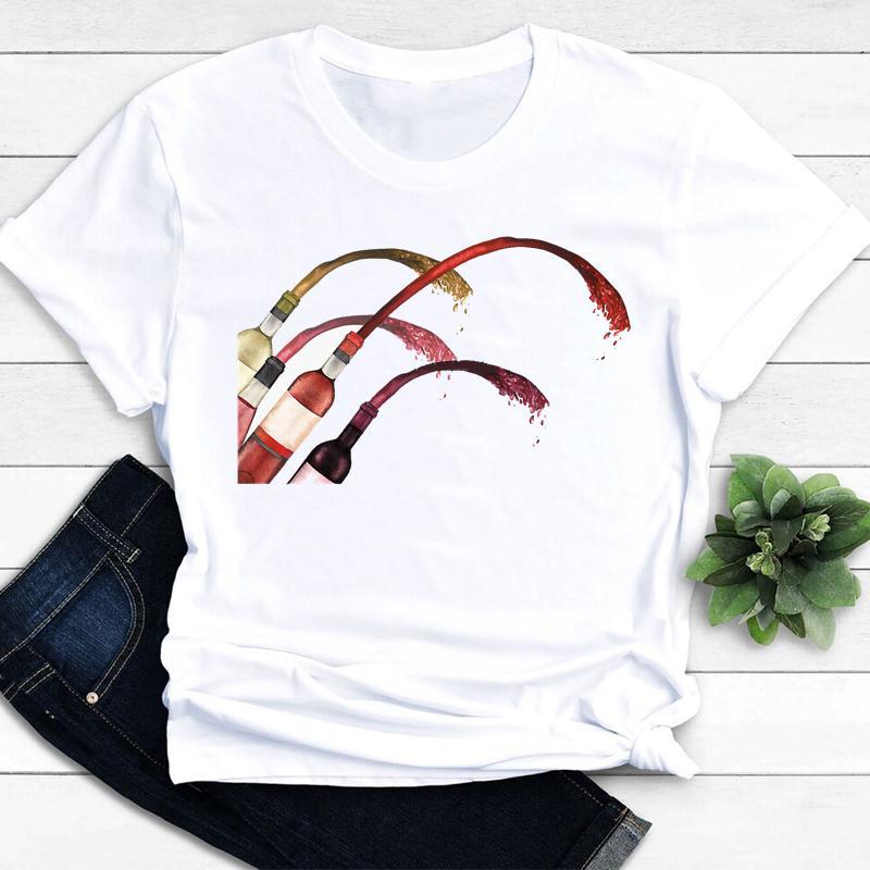 Womens Vintage Tee Color Wine Glass Print a Generation Hair Base Shirt Trend Aesthetic Graphic T Shirts Casual Tops