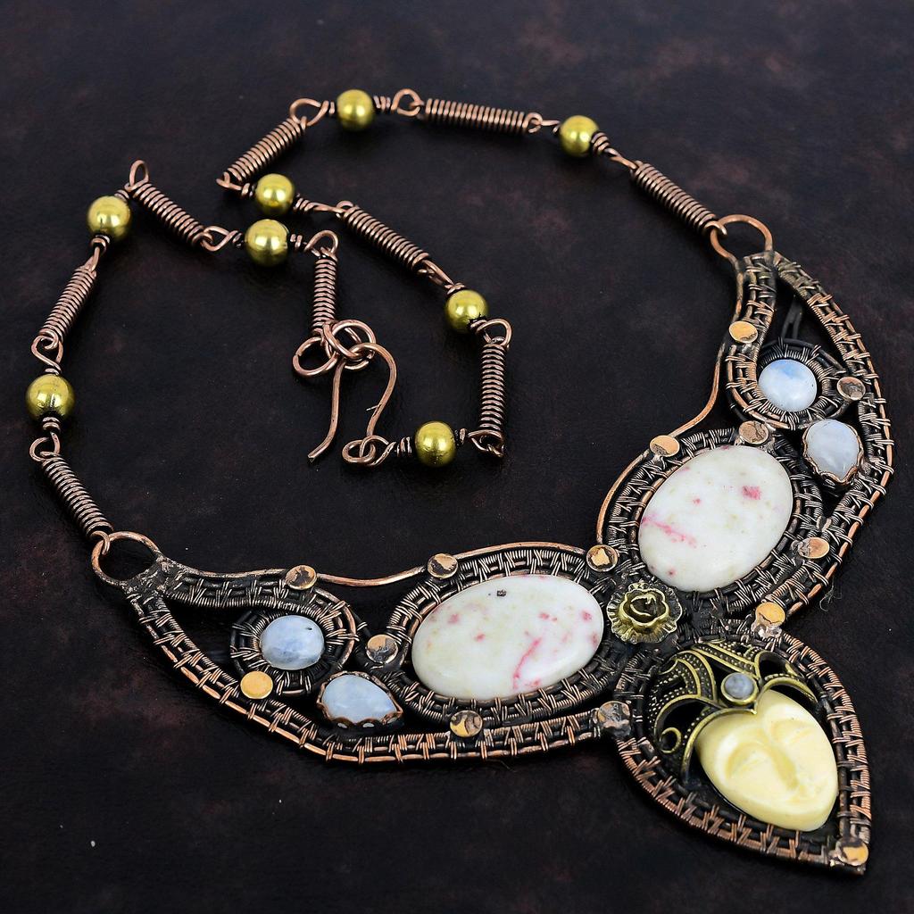 White Carved Bone Face Necklace Copper Wire Wrapped Necklace Adjustable Necklace Cinnabar And Moonstone Necklace Gemstone Handmade Jewelry