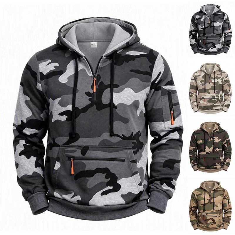 Men's Camouflage Half Zip Hoodie, Long Sleeve Drawstring Hooded Sweatshirt with Zipper Pockets, Casual Tactical Streetwear Pullover for Men