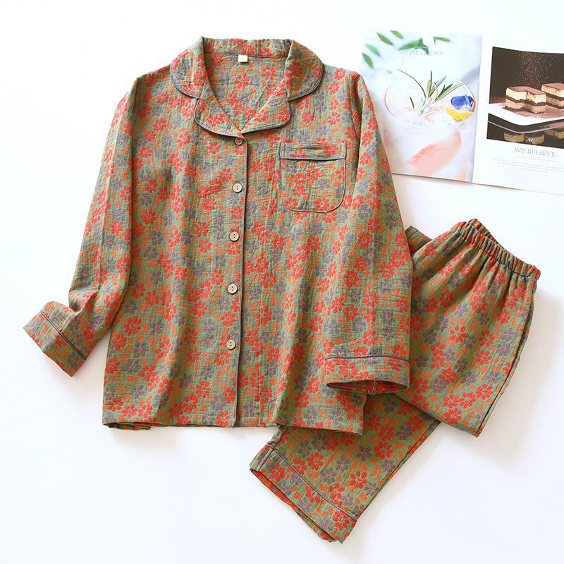 Vintage damepysjamas bomull langermede bukser nattøy Lapel cardigan Hjemmeklær Mykt fritidssett dame 2 stk.