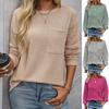 Women's Autumn Waffle Solid Color Round Neck Loose T-Shirt Design Comfortable Pocket Casual Top