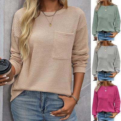 Women's Autumn Waffle Solid Color Round Neck Loose T-Shirt Design Comfortable Pocket Casual Top