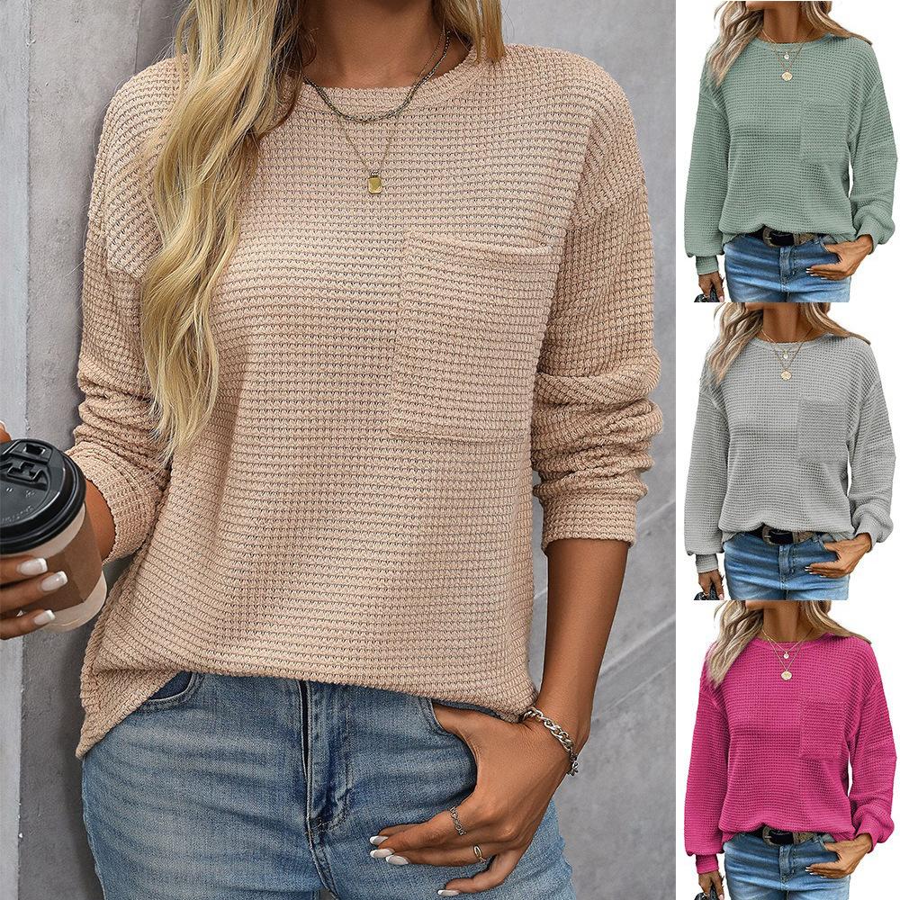 

Women s Autumn Waffle Solid Color Round Neck Loose T-Shirt Design Comfortable Pocket Casual Top 2XL