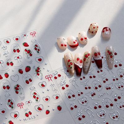 1 Blatt schickes selbstklebendes Maniküre-Abziehbild, hübsche rote Frucht, Erdbeere, Schleife, 5D-Nagelkunst-Aufkleber, DIY-Zubehör