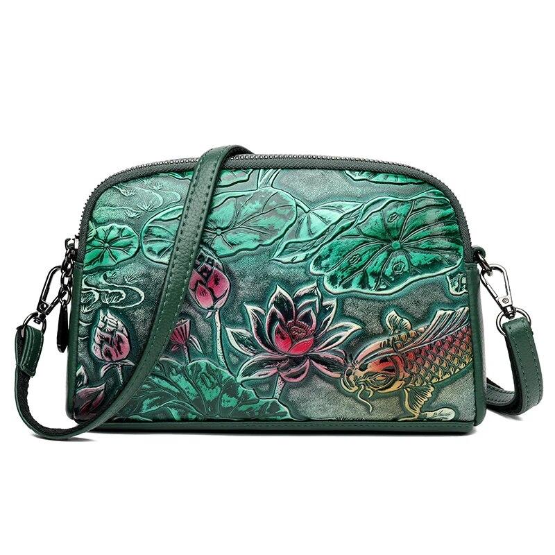 High Quality Leather Handbag Luxury Designer Retro Ethnic Style 3D Printed Shoulder Bag Fashion Diagonal Cross Pocket Phone Bag