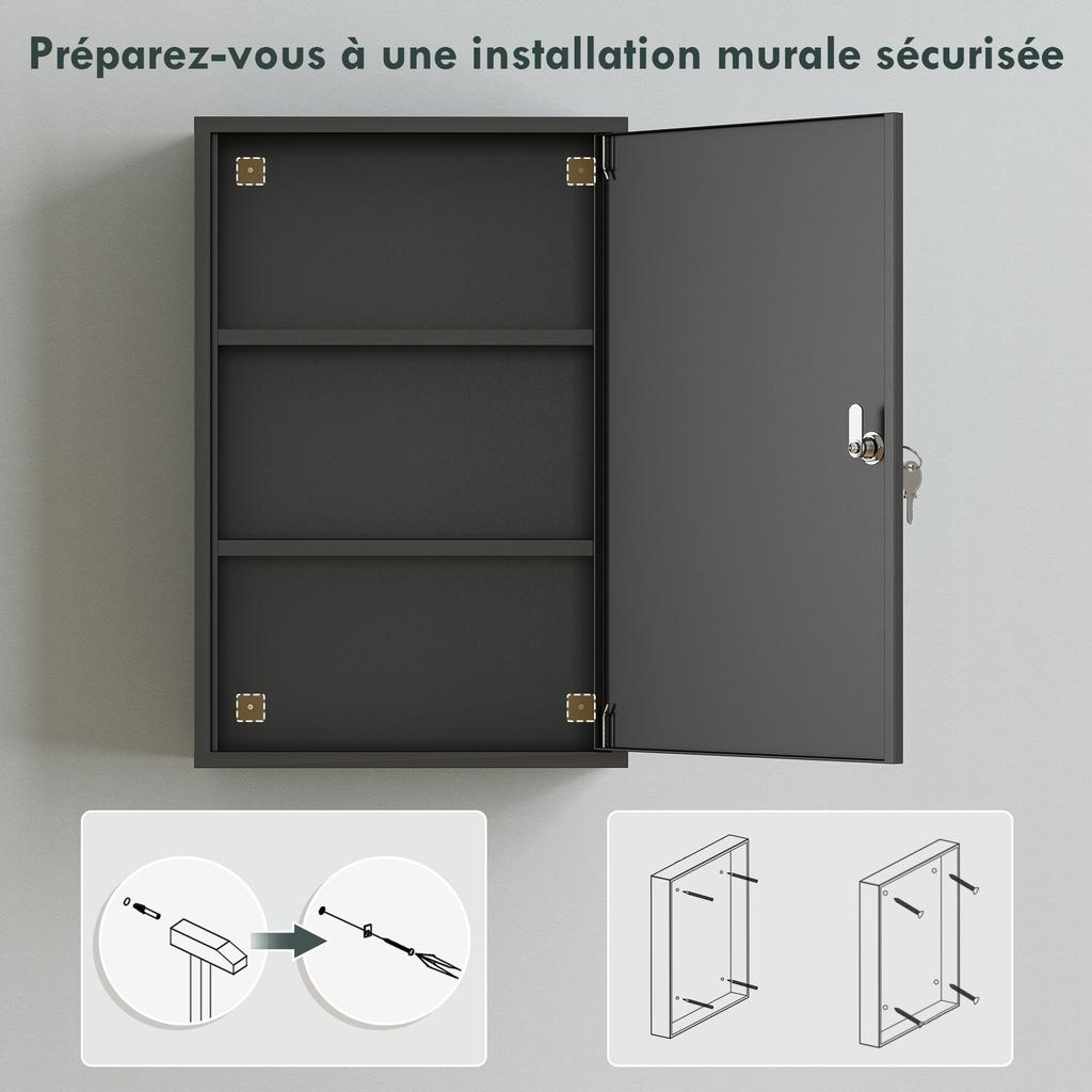 Medicine Cabinet, 2-Shelf 3-Tier, Lock, 40 x 18 x 60 cm, 2 Keys, Metal, Black