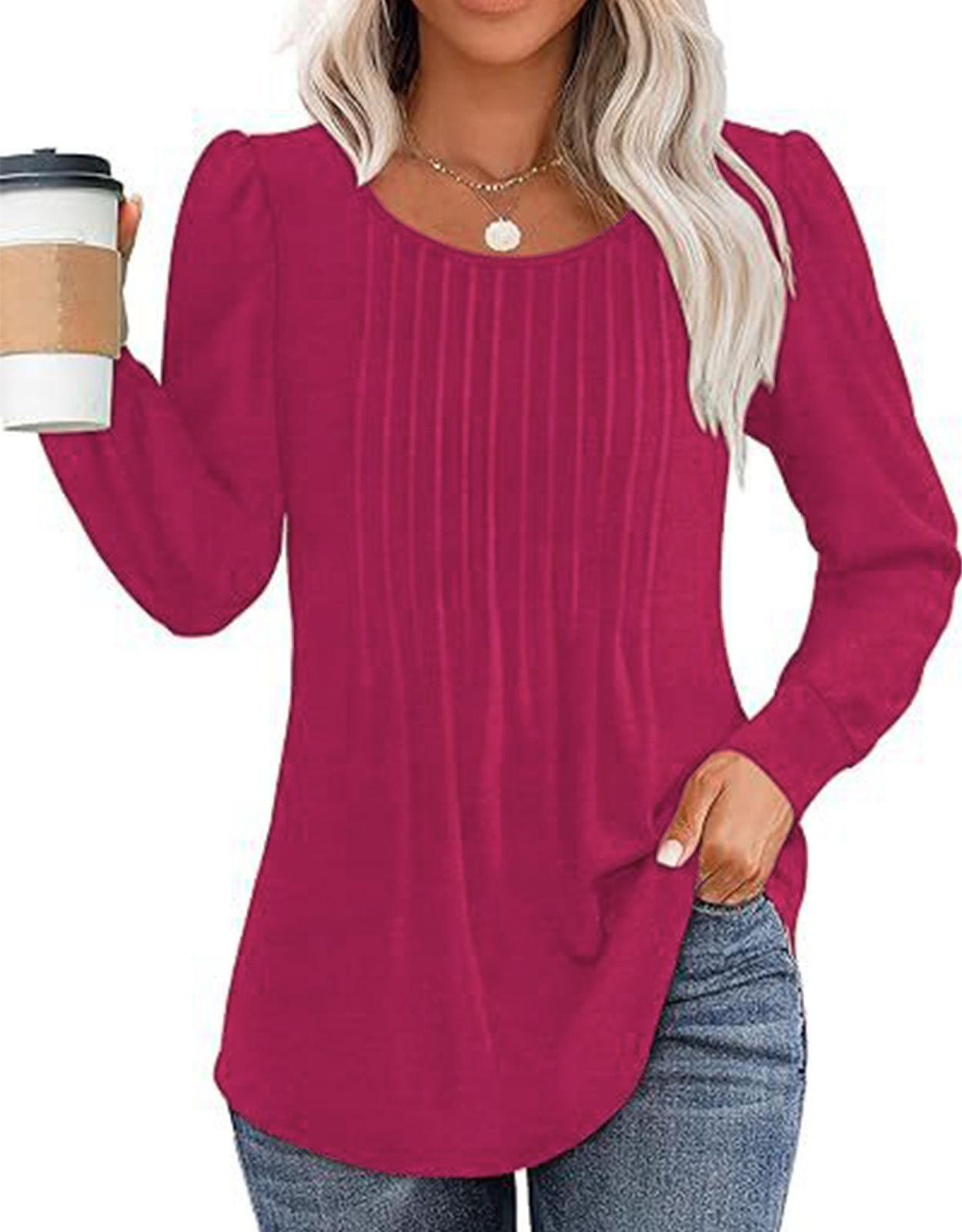 

2024 Autumn Women s Fashion Pleated Long Sleeve Top with Low Round Neck S