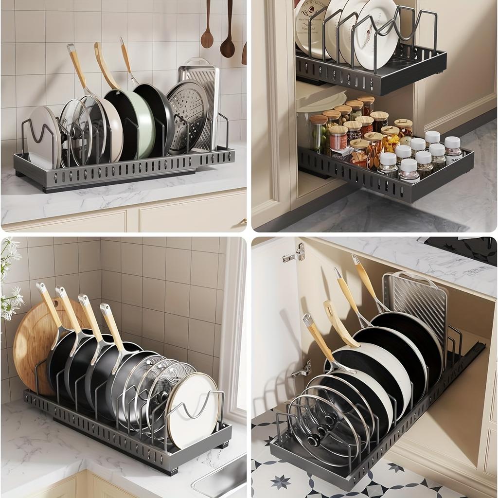 Pull-Out Pan & Lid Organizer - 8in Dividers, Sliding Cabinet Rack for Kitchen Storage. Christmas Gift!