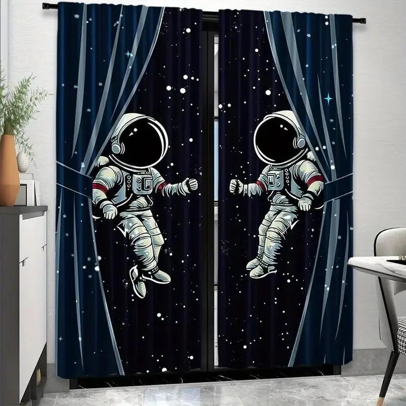 Spaceman Graphic Curtains Polyester Window Drapes Kids Room Living Blackout Set Of 2 Made With Rod Pocket Area Decor