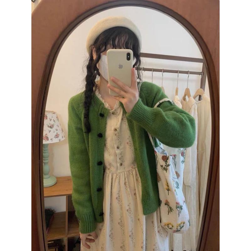 Autumn 2024 Floral Corduroy Dress: Sweet Lace Round Neck, Lace Patchwork, Loose Long Sleeve, Mid-Length for Women