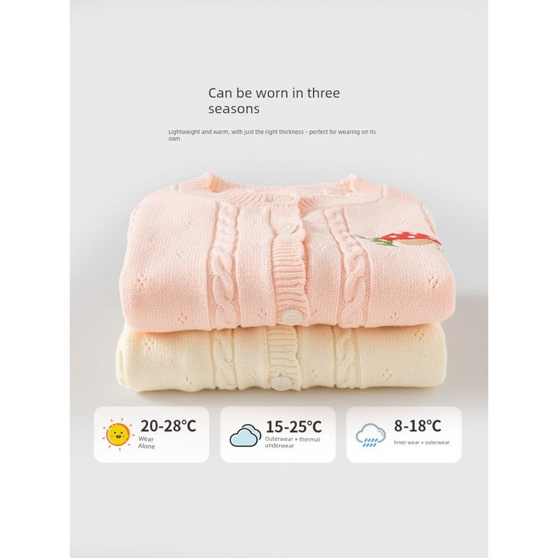 Children's Mushroom Knit Sweater, Girls' Cardigan with Lace Collar, Baby Girl's Long-Sleeved Coat, Spring and Autumn Children's Clothing
