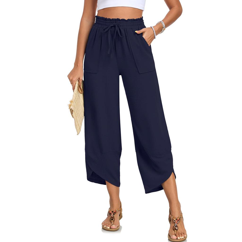 Damen Elastische Hose mit Hohem Bund Lässige Passform Weites Bein Lange Hose Hose mit Taschen
