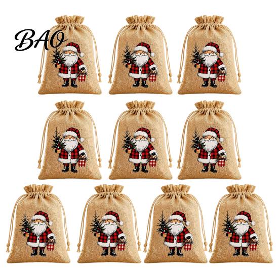 Christmas Theme Packaging Materials Jute Burlap Gift Bags, Drawstring Treat Candy Party Favor Bags Bag, Reusable Linen Pouch for Holiday Favors Small
