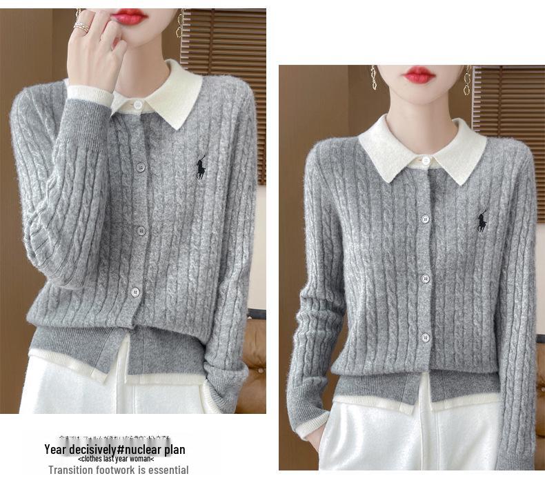 2025 Autumn/Winter Women's Pure Wool Embroidered Cable Knit Cardigan - Turn-Down Collar, Long Sleeve, Button-Up, Loose Fit Outerwear.
