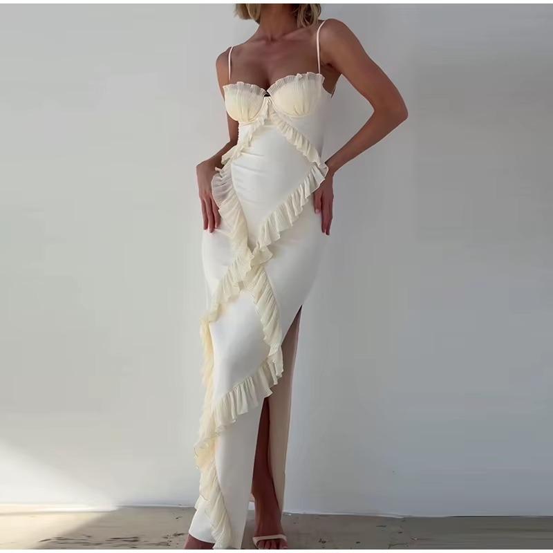 Sexy krajka dlouhé šaty dámské volánkové sestřihy s vysokým pasem ohlávkové šaty bez rukávů jaro léto dáma vestidos