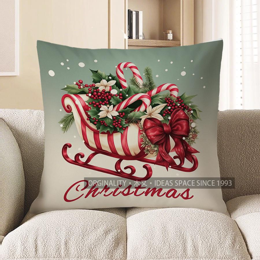Home Decor Christmas Wreath With Candy Cane And Bow Pillow Pattern Cushion Cover Suitable For Sofa Bedroom Car Pillow Cover
