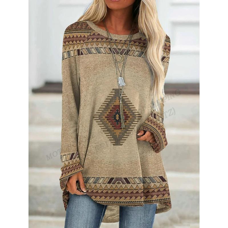 Ethnic 3d Print T-shirt Women Fashion Casual Long Sleeve Tops Tees Graphic Print Loose Harajuku Vintage Tees