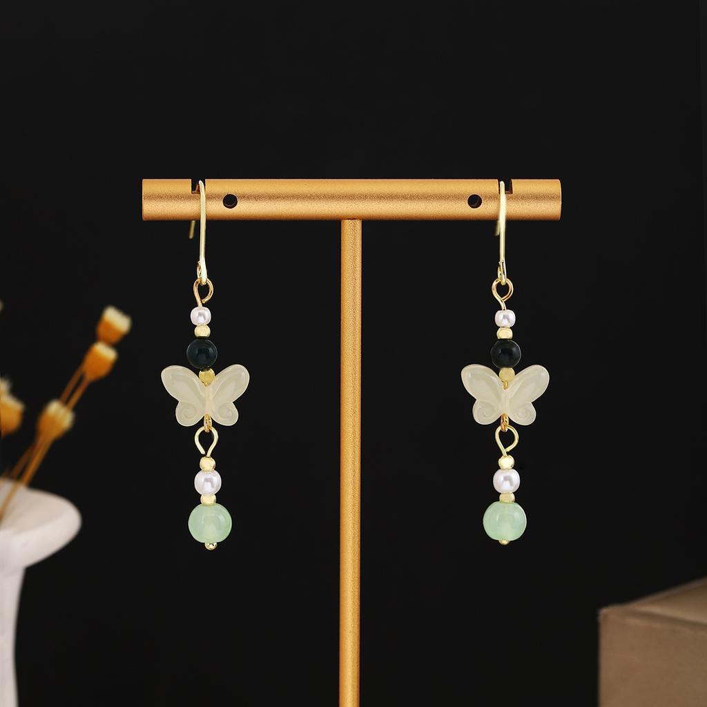 Antique Beaded Long Fringed Earrings, Chinese Hanfu Accessories, Flower Fan Bow Earrings.
