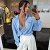 European and American women's clothing summer new fashion lapel blue striped shirt suspender wide-leg shorts
