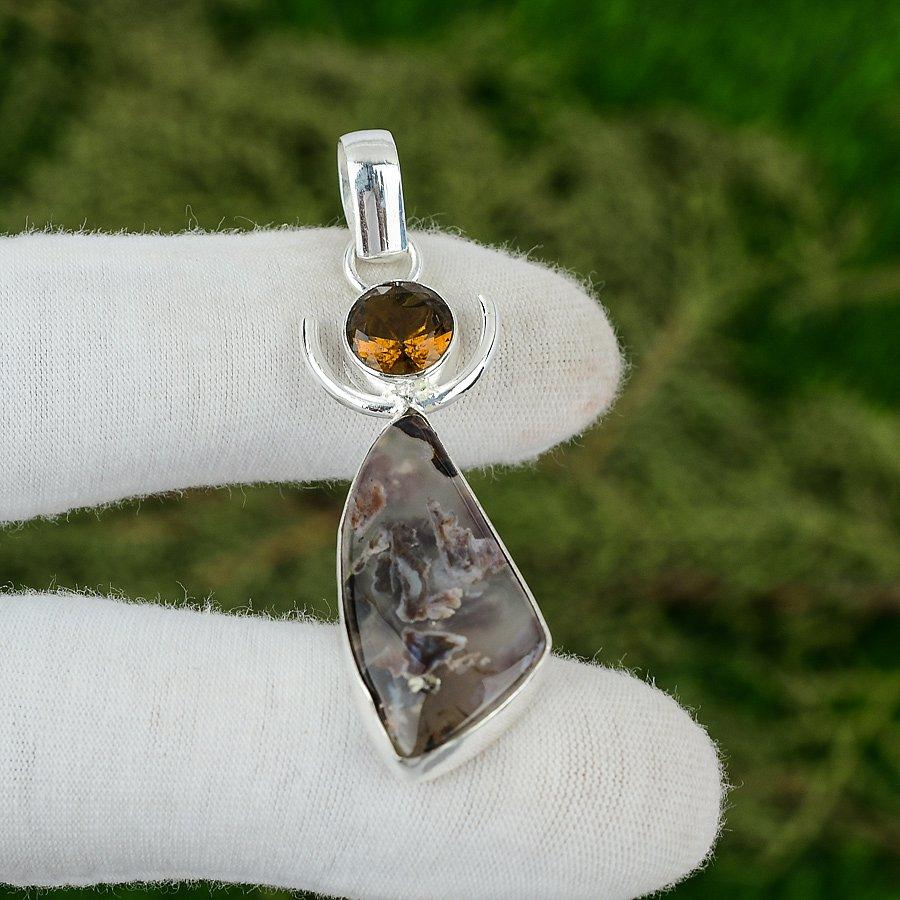 925 Silver Natural Stick Agate Smoky Quartz Unique Handmade Bezel Trendy Pendant
