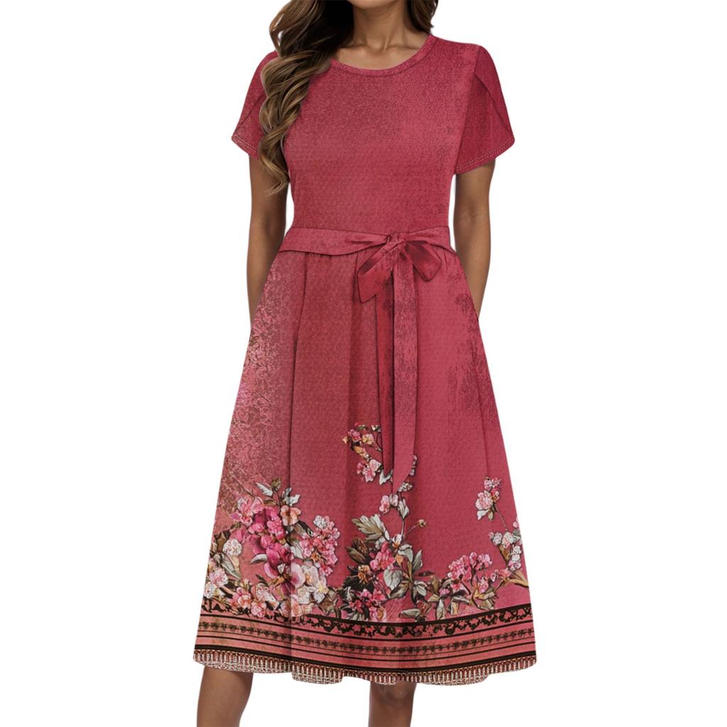 Women's Summer Fashion Round Neck Casual Plant Floral Print Short Sleeve Dress
