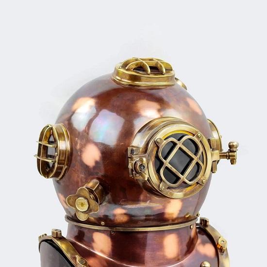 45.72 Cm  Brass Steel Diver's Helmet Nautical Scuba Diving Replica with Wooden Base Marine Decor Collectible